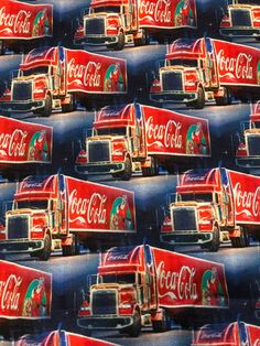 many coca - cola trucks are lined up in rows and stacked on top of each other