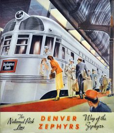 an advertisement for the national park and zerhys railway shows people boarding a train