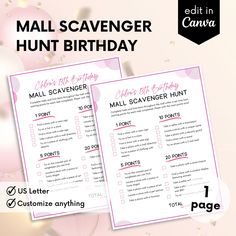 the mail scavenger hunt birthday game is shown with balloons and confetti