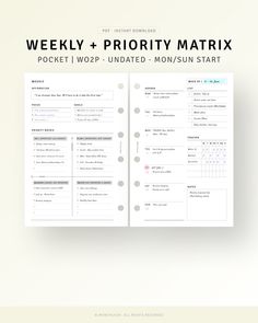 an open book with the text weekly priority matrx written on it in black and white