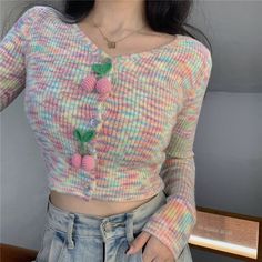 Length: 40cm / 15.74''; Bust: 73cm / 28.74''; Shoulder: 29cm / 11.41''; Sleeve: 61cm / 24.01'' Tip: Only one size in-stock, suitable for sizes S / M Cute Fitted V-neck Cardigan, Cute Long Sleeve Knitted Top, Cute Long Sleeve Spring Cardigan, Multicolor Long Sleeve Cardigan For Spring, Cute Long Sleeve Spring Sweater, Cute Long Sleeve Knit Cardigan, Cute Fitted Cardigan For Autumn, Cute Multicolor Tops For Fall, Cute Fitted Fall Cardigan