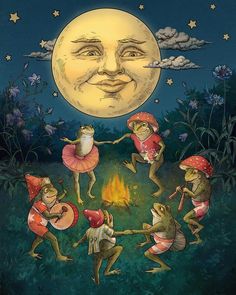 four little toadgies dancing around the campfire in front of a full moon