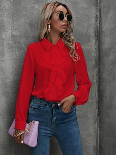 Red Elegant  Long Sleeve Chiffon Plain Shirt Embellished Non-Stretch Spring/Fall Women Tops, Blouses & Tee Red Shirts Women, Red Blouse Outfit Work, African Prom Dresses Ankara, Dresses Ankara, Patch Blouse, Red Dress Pants, Women Chiffon Blouse, Plain Shirt, Work Style