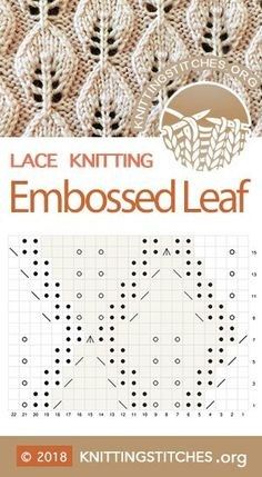 the knitting pattern for lace knitting embossed leaf is shown in brown and white