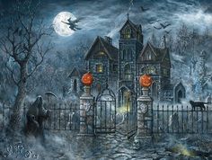 a painting of a creepy house with pumpkins on it's front gate and bats in the air