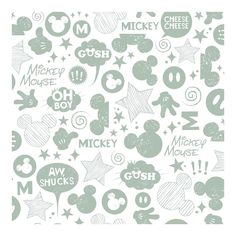 mickey mouse stickers are shown on the back of a white sheet with green lettering