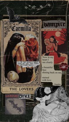 an altered collage with images of women and men in gothic clothing, text reads'the lovers vampire dyke '