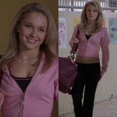 a woman in pink jacket and black pants