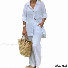 Olivia Mark - Elegant Long-Sleeved Blouses and Pants Set Casual Long Sleeve Plain Sets, Long Sleeve Sets With Pockets For Vacation, Casual Long Sleeve Set For Vacation, Casual Non-stretch Sets For Vacation, Pocket Blouse, Two Piece Pants Set, Linen Suit, Blouse Pants, Linen Style