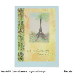 a greeting card with the eiffel tower in pastel blue, green and yellow