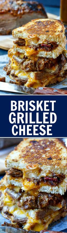 two pictures of grilled cheese sandwiches stacked on top of each other with the words, brisket grilled cheese