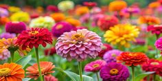 many different colored flowers in a field