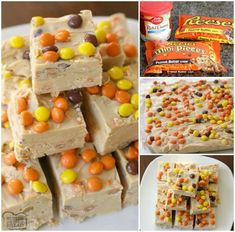 several different pictures with candy bars and candies on them, including peanut butter fudges