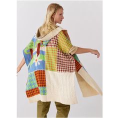 Throwover Poncho In A Colorful, Patchwork Knit. Includes A Hood And Wide, Open Sleeves For A Bundling Look And Feel. Content + Care - 100% Acrylic - Hand Wash - Imported Hippie Sweaters, Kimono Shrug, Cropped Cable Knit Sweater, Patchwork Knit, Open Sleeves, Plaid Poncho, Knit Shrug, Warm Cardigan, Knitted Cape