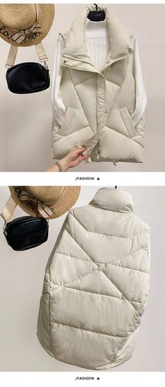 White Sleeveless Outdoor Vest, Winter Beige Sleeveless Outerwear, White Sleeveless Outdoor Outerwear, Trendy Vest Outerwear, White Winter Vest Outerwear, Trendy Beige Winter Vest, Casual White Vest Outerwear, Solid Puffer Sleeveless Vest, Fitted Vest With Pockets For Cold Weather