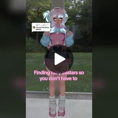 a woman with pink hair standing in front of a sign that reads finding fairy avatars so you don't have to