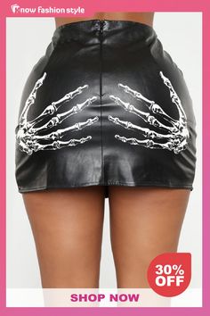 knowfashionstyle Navy Casual Skull Hand Print Skinny High Waist Leather Mini Skirt Outfit With Leather Skirt, Leather Miniskirt, Skull Hand, High Waist Skirt, Leather Mini Skirt, High Waist Fashion, Skull Design, Leather Mini Skirts, Hand Print