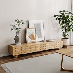 a living room with a plant and pictures on the shelf in front of the window