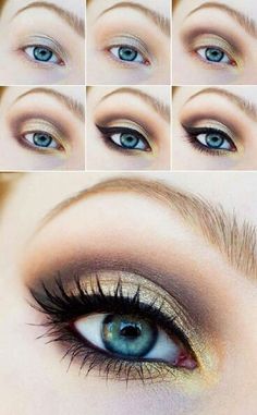 Sombra dorado suave para agrandar los ojos Quick Easy Eyeshadow, Eyeshadow Looks For Blue Eyes, Gold Smoky Eye, Smoky Eye Tutorial, Mekap Mata, Make Up Tutorials, Special Makeup