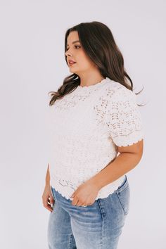 This top is made of crochet sweater material, so you can dance the night away in style and comfort! (Dig out those dance moves and pack the floor!) Details Crochet sweater material Sizing Approximate measurements: SIZE LENGTH BUST 1XL 26" 42" 2XL 26" 44" 3XL 26" 48" Fabric has stretchModel is 5'6" wearing size 1XL Material 50% Cotton 50% AcrylicHand wash coldHang or lay flat to dry Fall Crochet Lace Stretch Tops, Fitted Knit Top With Lace Detail, Stretch Lace Tops With Pointelle Knit, Stretch Knit Top In Cream, Stretch Knit Cream Tops, Cream Lace Tops With Crochet Trim, Cream Lace Top With Open Knit, White Lace Pointelle Knit Top, Cream Stretch Knit Top