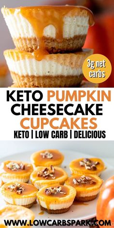 keto pumpkin cheesecake cupcakes with caramel drizzle on top