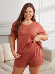 Light Gray Cozy Season Plus Size Round Neck Short Sleeve Two-Piece Loungewear Set Plus Size Loungewear Two Piece Loungewear, White Dress Formal, Lazy Weekend, Plus Size Sleepwear, Plus Size Pajamas, Home Clothes, Loungewear Set, Plus Size Swimwear, Brick Red