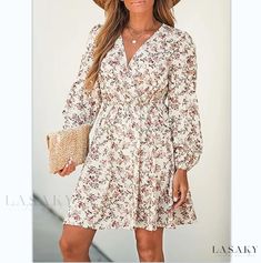 Lasaky - Floral Print Loose Fit V-Neck Long Sleeve Dress Casual Beige V-neck Floral Dress, Casual Long Sleeve V-neck Dress With Floral Print, Beige V-neck Floral Dress For Brunch, Casual Floral V-neck Dress For Day Out, Casual Floral Print V-neck Dress For Brunch, Casual V-neck Floral Print Dress For Brunch, Irregular Skirt, Basic Skirt, Plants And Flowers