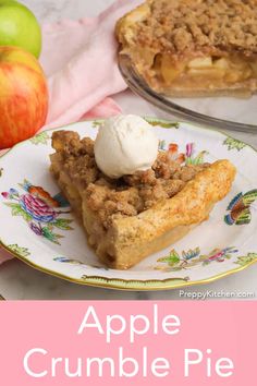 an apple crumble pie on a floral plate