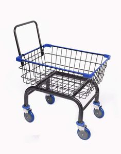 a shopping cart with wheels and a handlebars on the bottom is shown against a white background