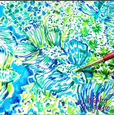 a watercolor painting with blue, green and white flowers in the background on paper