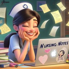 a cartoon girl is smiling while looking at a laptop computer with notes flying above her