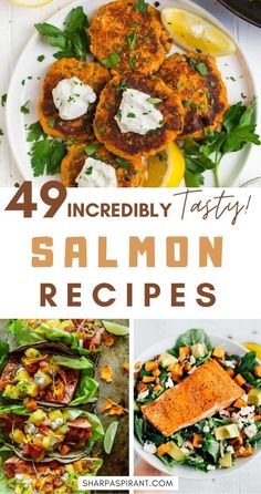 four different images with salmon and vegetables on them, including lemons, lettuce,