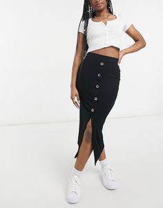 Midi skirt by ASOS DESIGN Part of our Responsible edit High rise Stretch waistband Button detail to front Slim fit Close-fitting cut Black Capsule Wardrobe, Button Front Skirt, Skirt With Buttons, Mid Length Skirts, Women Skirts Midi, Button Detail, Skirt Outfits, Horn, Black Fashion