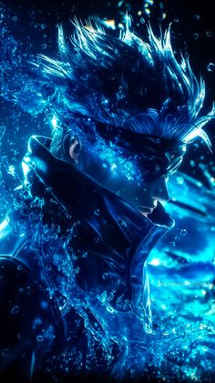 an anime character in blue water with his hair blowing