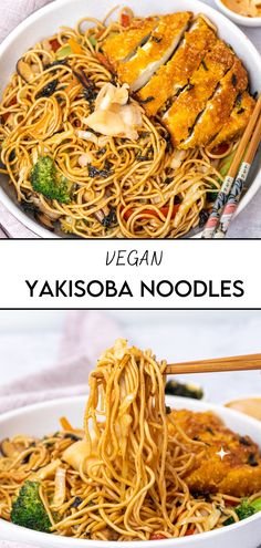 two pictures with noodles and vegetables in them, one is being eaten by chopsticks