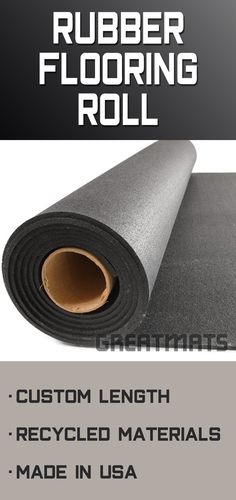 rubber flooring roll with the words custom length and recycled materials made in usa