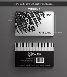 a black and white business card with music notes on it, next to a piano keyboard