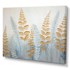 an abstract painting with gold leaves on a white background canvas wall art print, ready to hang