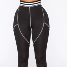 Pair With Fashion Nova Better Off Without You Leggings Athletic Trim Stretch 96% Polyester And 4% Spandex Black Elastic Pants For Gym, Black Elastic Gym Pants, Elastic Black Pants For The Gym, High Waist Elastic Black Pants, Sporty Stretch Bottoms For Night Out, Black Elastic Athleisure Pants, Trendy Compression Black Bottoms, Black High-waisted Sporty Activewear Pants, Sporty Black High-waisted Activewear Pants