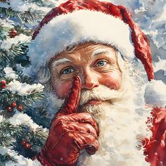 a painting of santa clause holding his finger to his nose