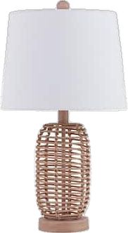 a table lamp with a white shade on the base and a brown rattan finish