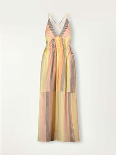 Product Front Shot of lemlem Gete Triangle Dress Featuring continuous stripe pattern in warm yellow Striped V-neck Summer Sundress, Yellow V-neck Beachwear Maxi Dress, Peach V-neck Summer Dress, Apricot V-neck Maxi Dress For Beach, Apricot V-neck Maxi Dress For The Beach, Striped V-neck Sundress For Vacation, Striped V-neck Sundress For Summer, Yellow V-neck Maxi Dress Beachwear, Classic Sundress