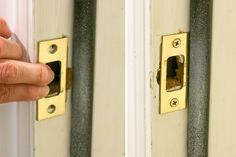 two pictures of someone's hand opening a door with the handle on each side