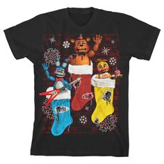 Celebrate the holidays in style with this novelty tee. The shirt shows Bonnie, Freddy, and Chica in blue, red, and yellow Christmas stockings. The trio is surrounded by snowflakes turning the scary characters into merry ones just in time for the holidays. Fans of the survival game are sure to love the Christmas time twist on these characters. Size: x small. Color: black. Gender: unisex. Age Group: toddler. Pattern: Fictitious Character. Material: Cotton. Pre-shrunk T-shirt As Winter Gift, Fun Short Sleeve T-shirt For Holidays, Multicolor Crew Neck T-shirt For Winter, Fun Holiday T-shirt With Short Sleeves, Themed Christmas Tops With Graphic Print, Christmas Themed Tops With Graphic Print, Christmas Themed Short Sleeve Tops, Holiday Fun Short Sleeve T-shirt, Themed Christmas Graphic Print Tops