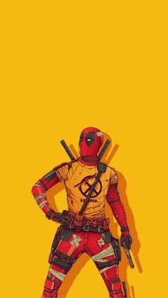 the deadpool is standing in front of a yellow background and holding two baseball bats