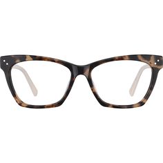 These chic rectangle glasses are made from high-quality acetate that is hand-polished to a glossy finish. The medium-wide eyeglasses features spring hinges for a comfortable fit. It is available in classic tortoiseshell with cream-colored temple arms; purple tortoiseshell with black temple arms; black pattern with white temple arms; and clear with blue accents on the front corners and tortoiseshell temple arms. | Zenni Women's Cat-Eye Prescription Eyeglasses Pattern Tortoise Shell Plastic White Temple, Eye Prescription, Stylish Eyeglasses, Rectangle Glasses, Rim Design, Zenni Optical, Round Face Shape, Fashion Eye Glasses, Prescription Eyeglasses