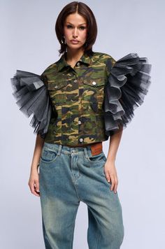 BEBE LUX TULLE SHOULDER CAMO VEST Fitted Military Tops For Spring, Spring Military Style Fitted Tops, Sleeveless Camouflage Top For Spring, Spring Stretch Camouflage Top, Trendy Camouflage Tops For Spring, Fitted Military Style Top For Fall, Camo Vest, Pleated Tulle, Vegas Baby