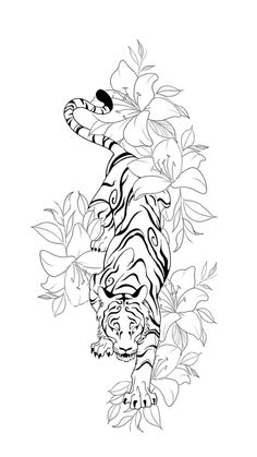 a black and white drawing of a tiger in the middle of some leaves with its mouth open