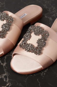 Beige Martamod embellished grosgrain-trimmed satin slides | MANOLO BLAHNIK | NET-A-PORTER Manolo Blahnik Pink, Manolo Blahnik Sandals, Wedding Week, Manolo Blahnik Shoes, Shades Of Beige, Gorgeous Shoes, Store Display, Crystal Embellishment, Shoe Lover