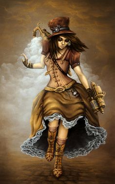 a painting of a woman dressed in steampunk clothing